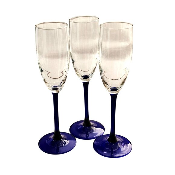 3 Luminarc Neptune Champagne Flutes 8.5" Cristal d'Arques Cobalt France - Picture 1 of 8